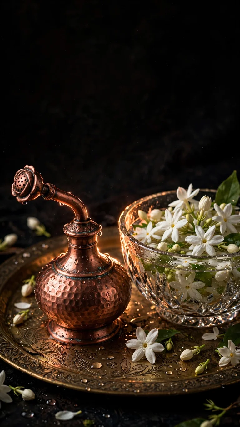 copper rosewater sprinkler and jasmine bowl on brass tray wallpaper