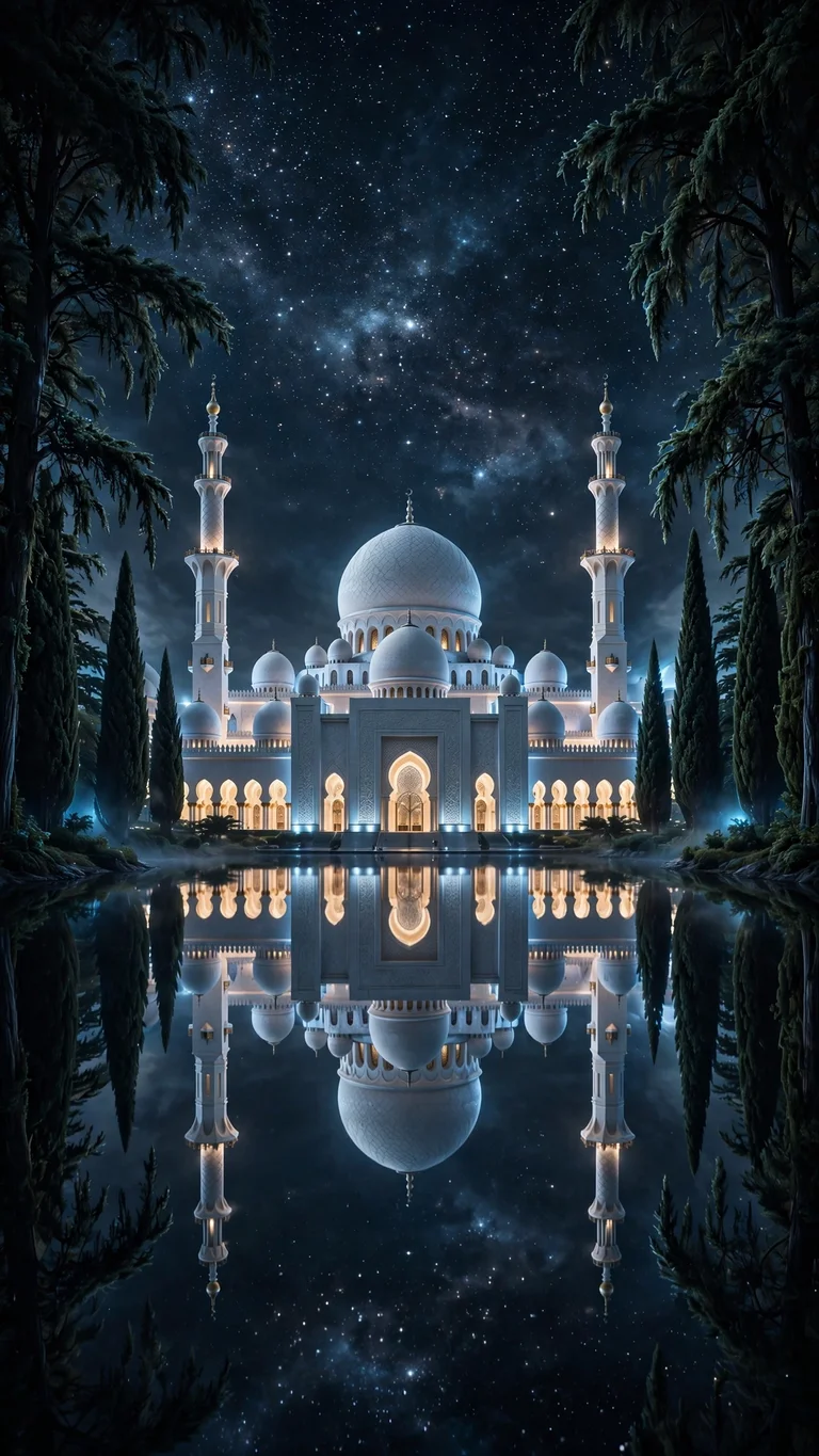starlit white mosque reflected in a still lake wallpaper
