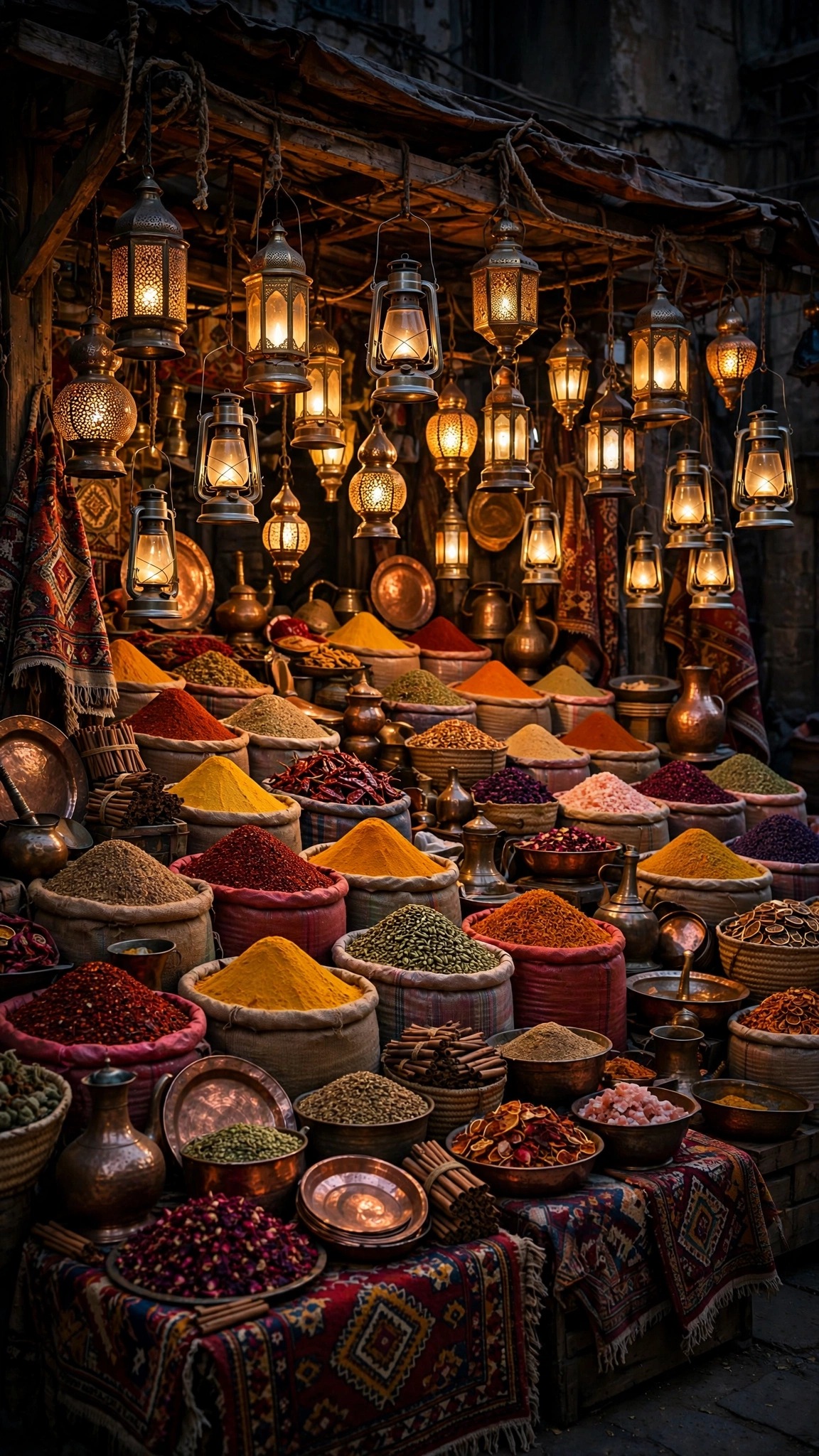 Old spice market glowing with brass lanterns and colorful spice sacks