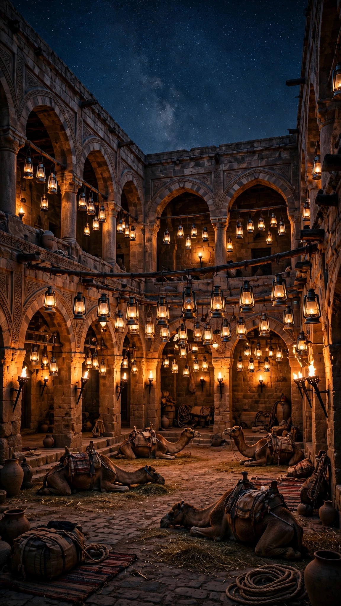 Ancient caravanserai glowing with lanterns under a starry desert sky