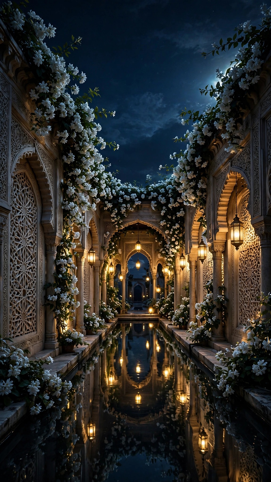 Moonlit jasmine garden arcade with reflecting pool and lanterns