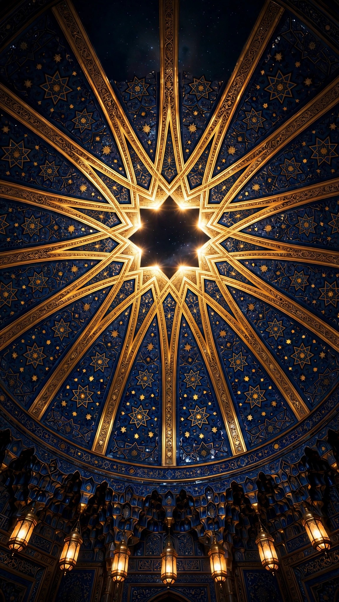 View up inside a mosque dome with golden ribs and star oculus at night