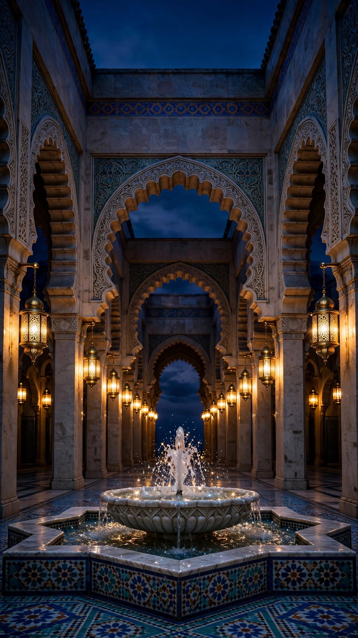 Islamic courtyard with horseshoe arches and glowing lanterns at twilight