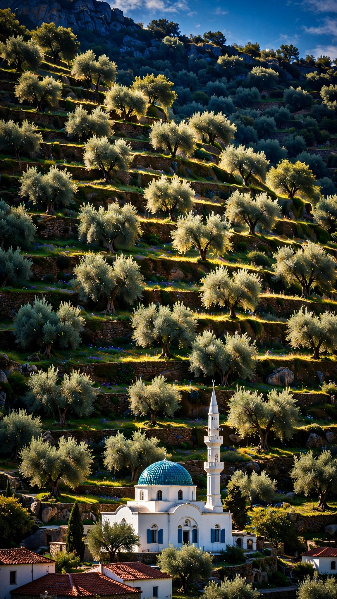 Olive Grove Terrace Village Mosque scene, vertical islamic wallpaper
