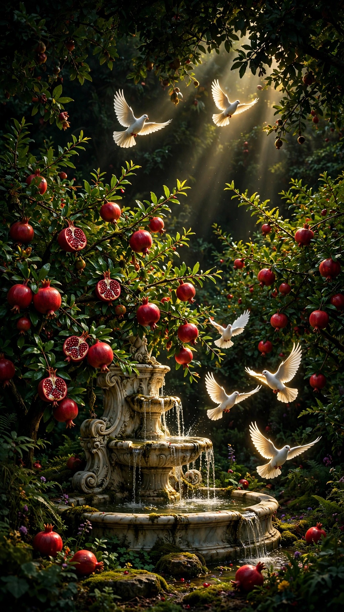 Pomegranate Orchard Fountain Doves scene, vertical islamic wallpaper