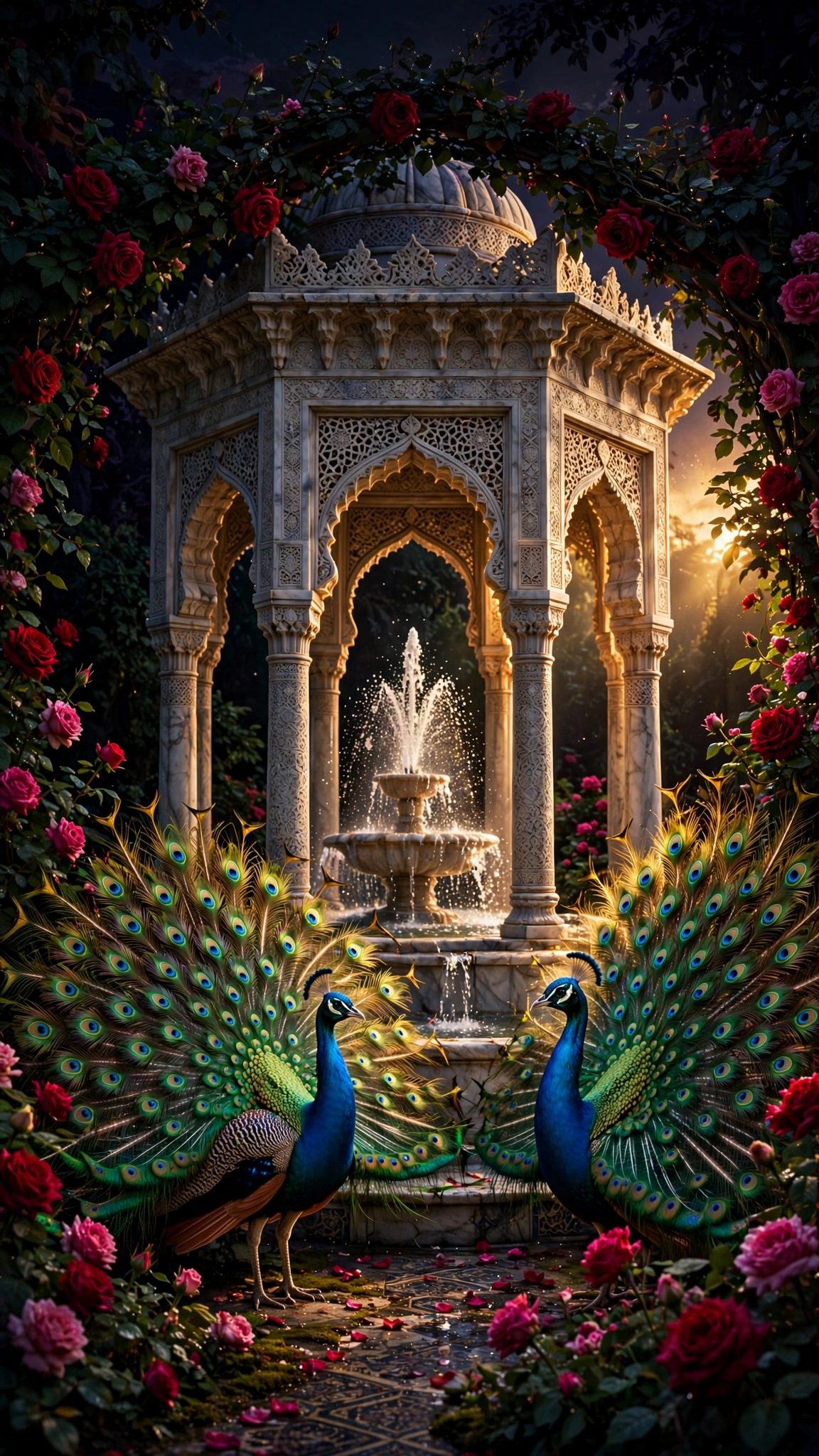 Rose Garden Pavilion Peacocks scene, vertical islamic wallpaper