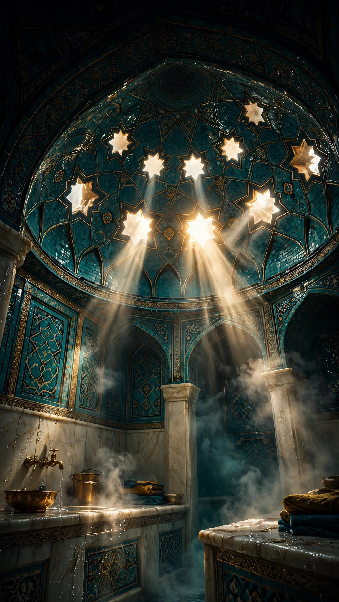 Turquoise Hammam Dome Light scene, vertical islamic wallpaper