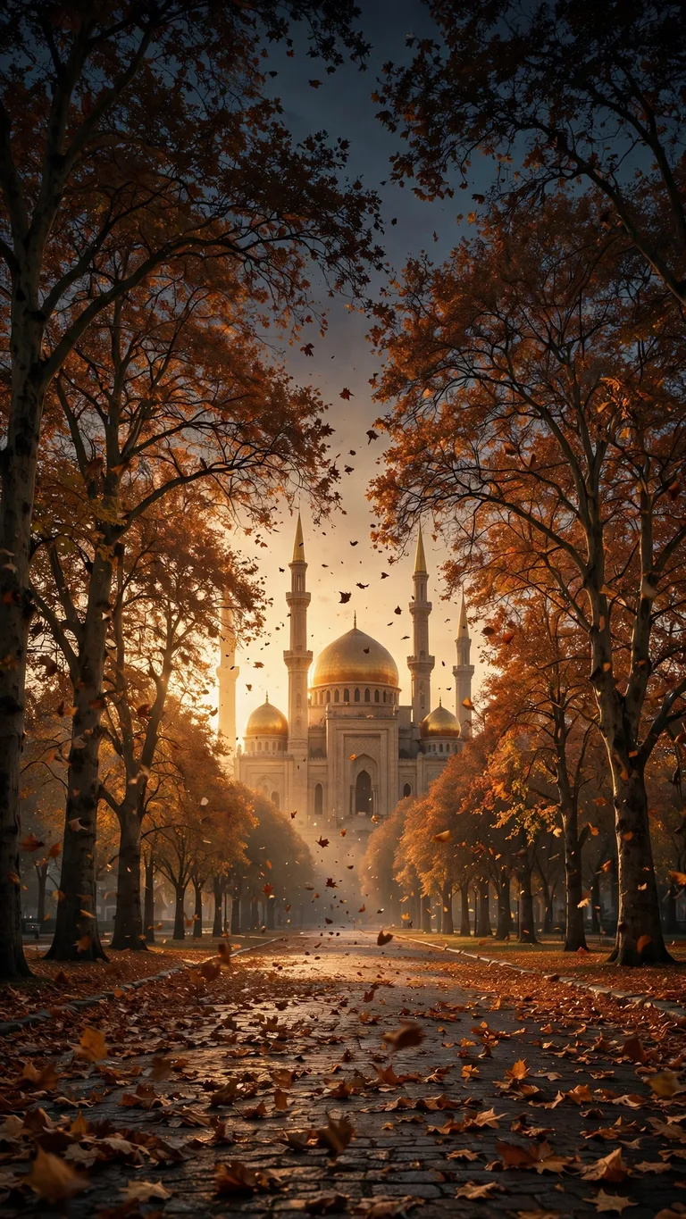 Grand mosque with golden domes at the end of an autumn avenue with falling leaves, vertical wallpaper