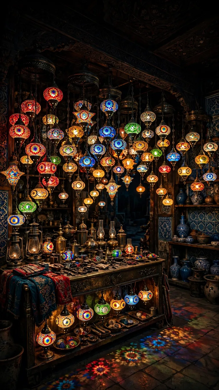 Glowing colorful mosaic glass lamps hanging inside an old night lamp shop, vertical wallpaper