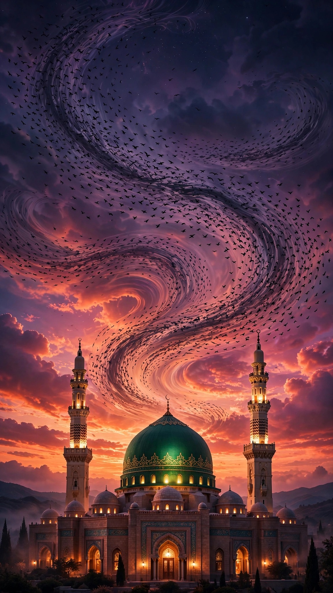 Starling Murmuration Over Emerald Dome at Sunset - free HD download