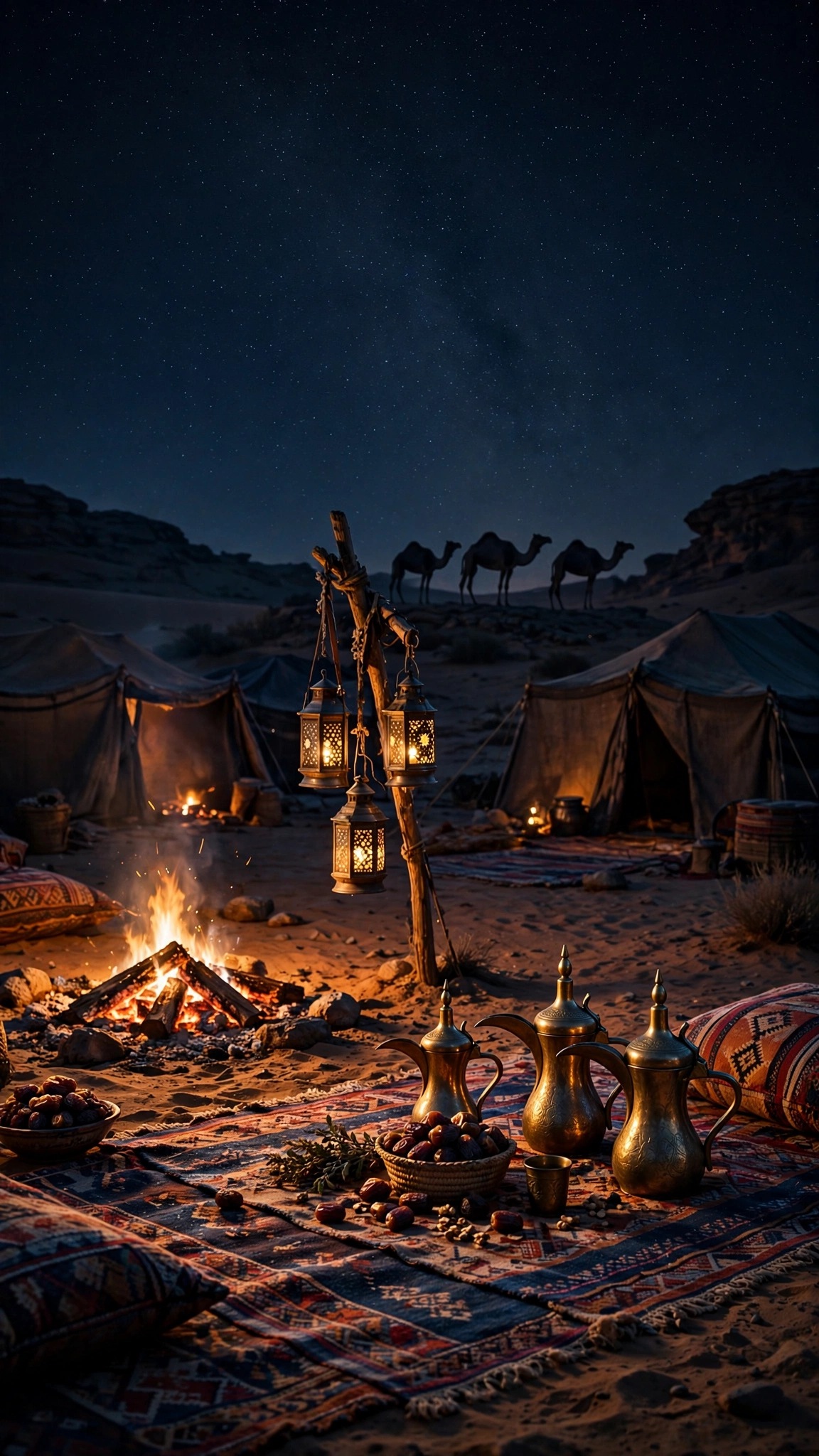 Desert caravan rest stop at night with dallah coffee pots and tents under stars