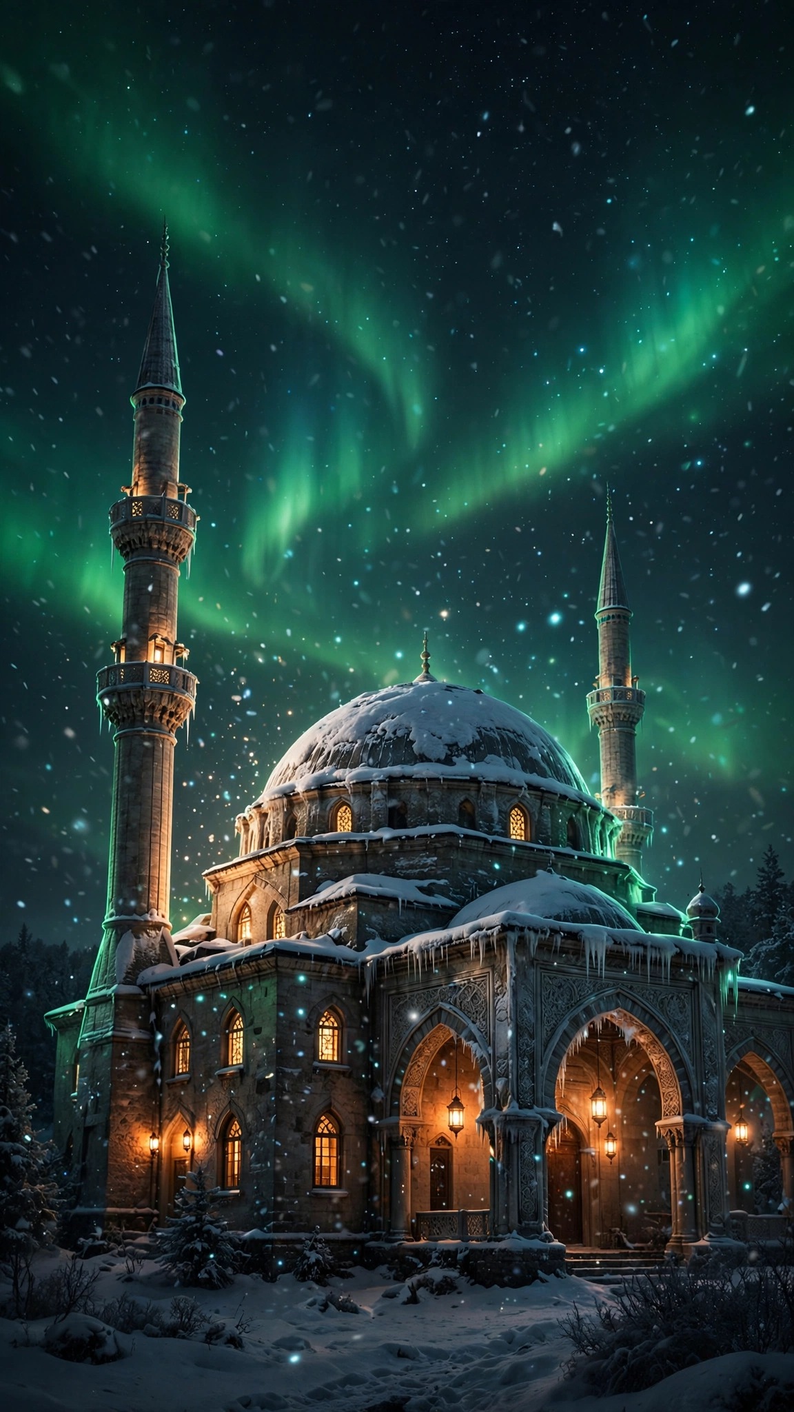 Snow-dusted mosque with minarets under an emerald aurora borealis