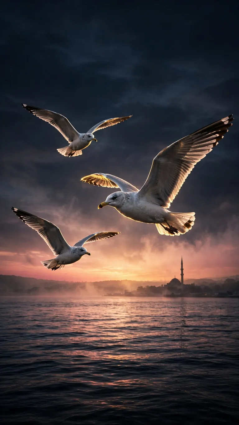 Seagulls over the Bosphorus at dawn with minaret silhouette, islamic wallpaper