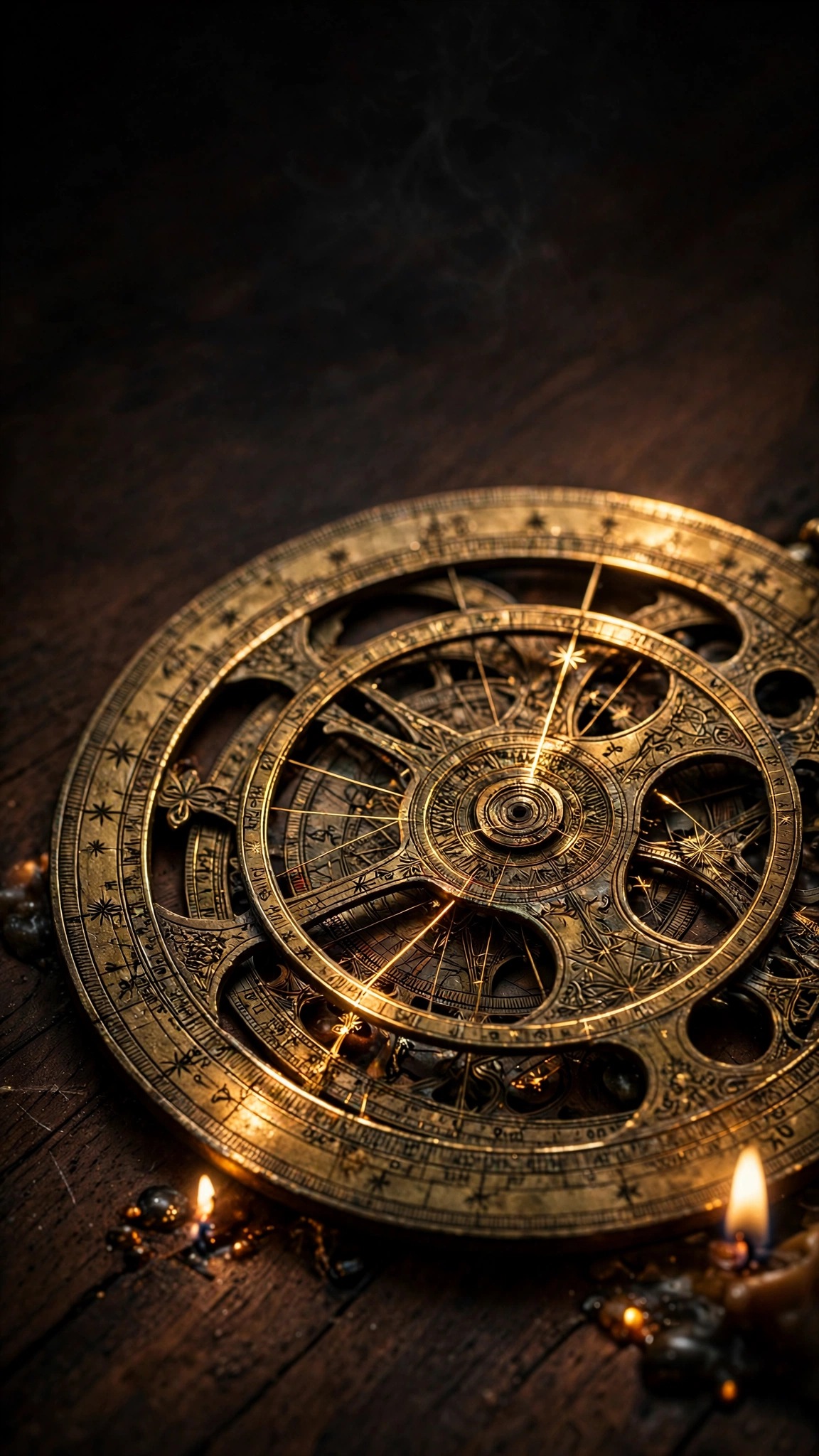 Antique brass astrolabe glowing by candlelight, islamic wallpaper