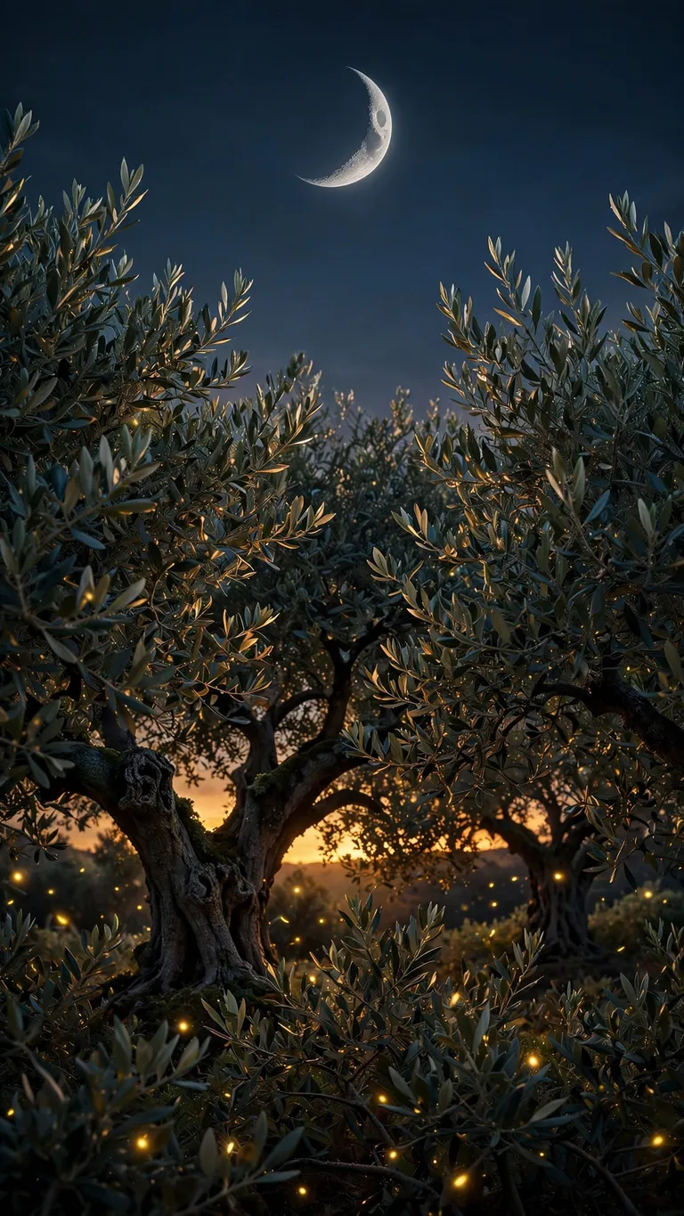 Crescent moon rising over an ancient olive grove at dusk, islamic wallpaper