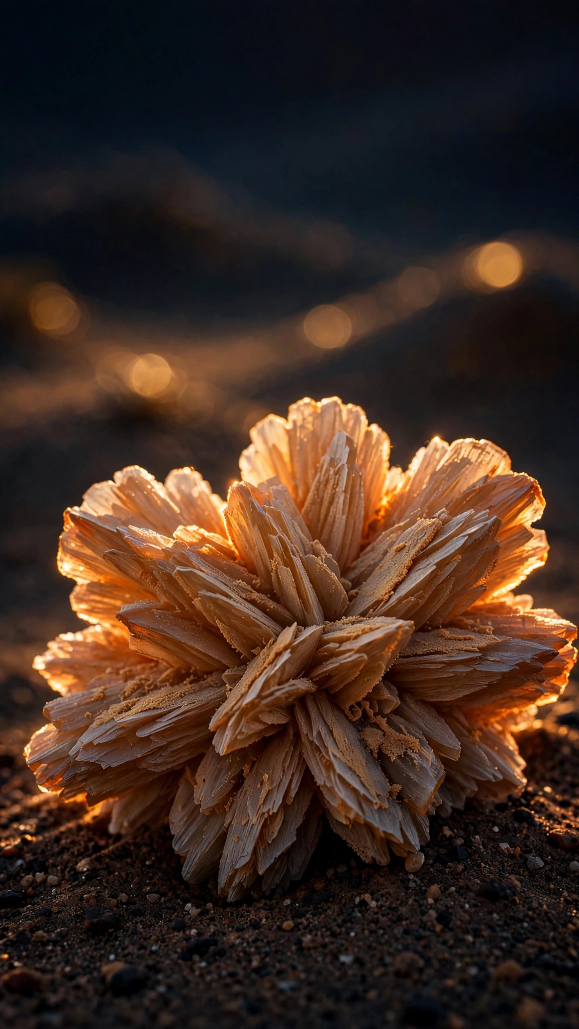 Glowing desert rose crystal on dark sand at golden hour, islamic wallpaper