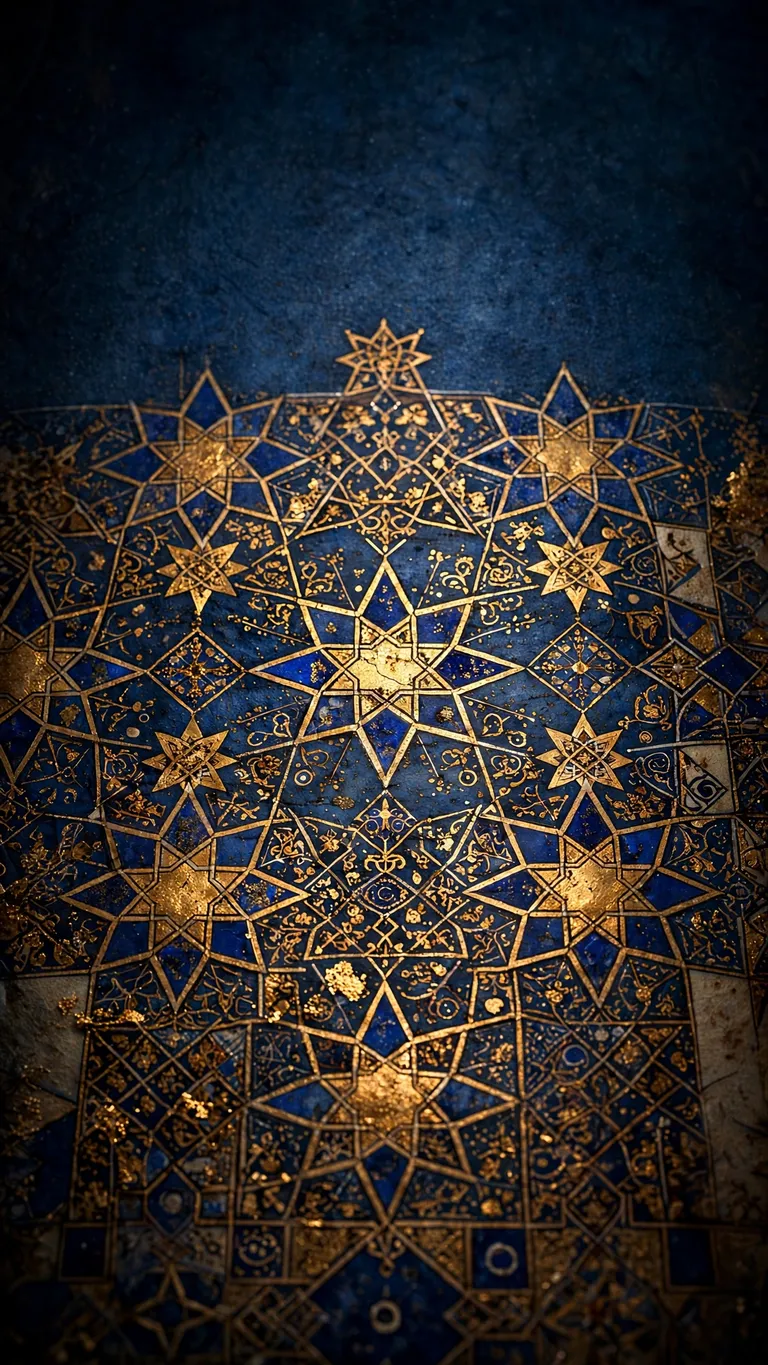 Gold and lapis geometric star patterns on deep blue parchment, islamic wallpaper
