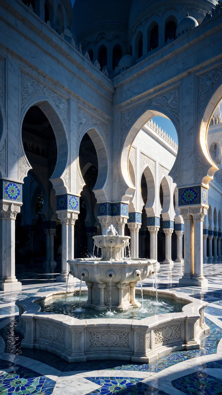 White marble mosque courtyard with fountain and arches, islamic wallpaper