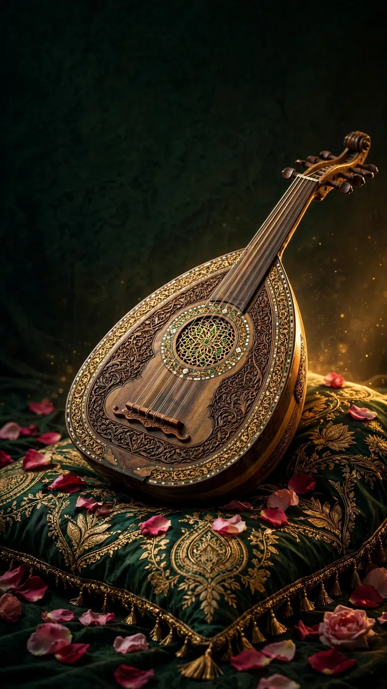 Ornate oud lute on embroidered silk cushion with rose petals, islamic wallpaper