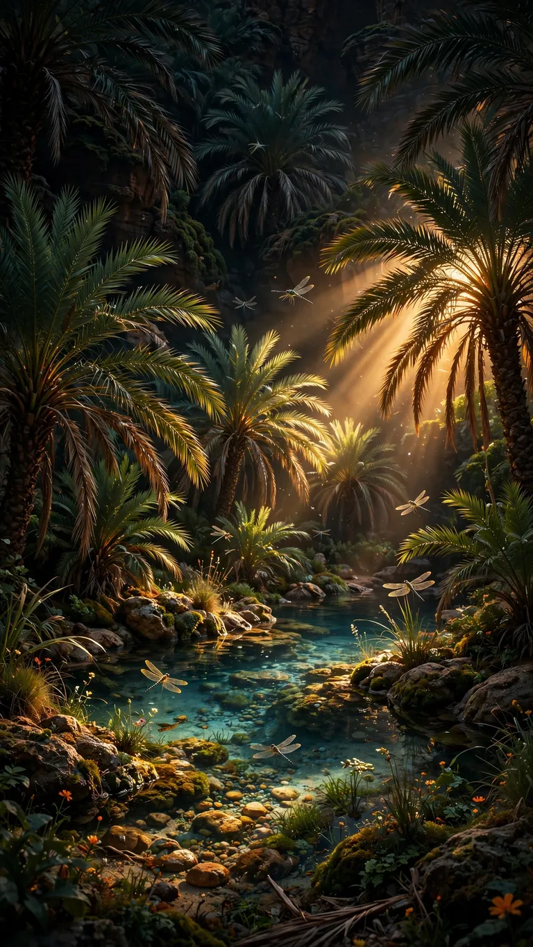 Hidden palm oasis with crystal pool at golden hour, islamic wallpaper