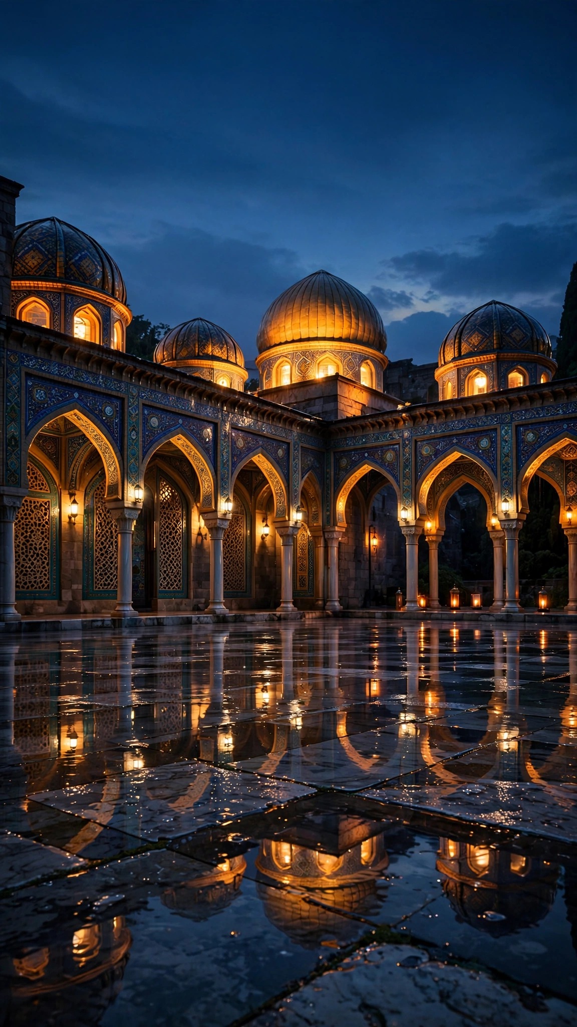 Rain-washed mosque courtyard with glowing reflections at dusk, islamic wallpaper