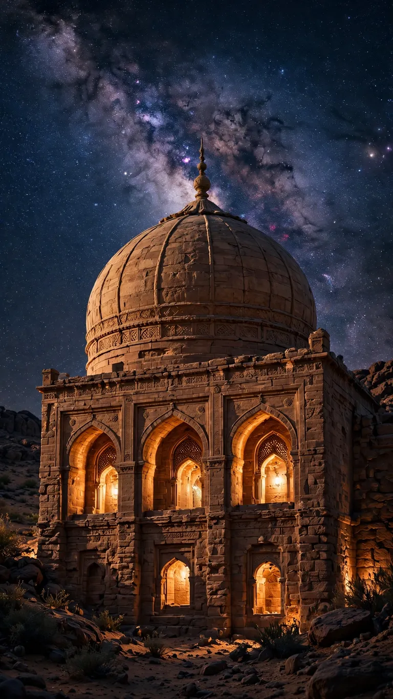 Sandstone mosque dome under the Milky Way at night, islamic wallpaper