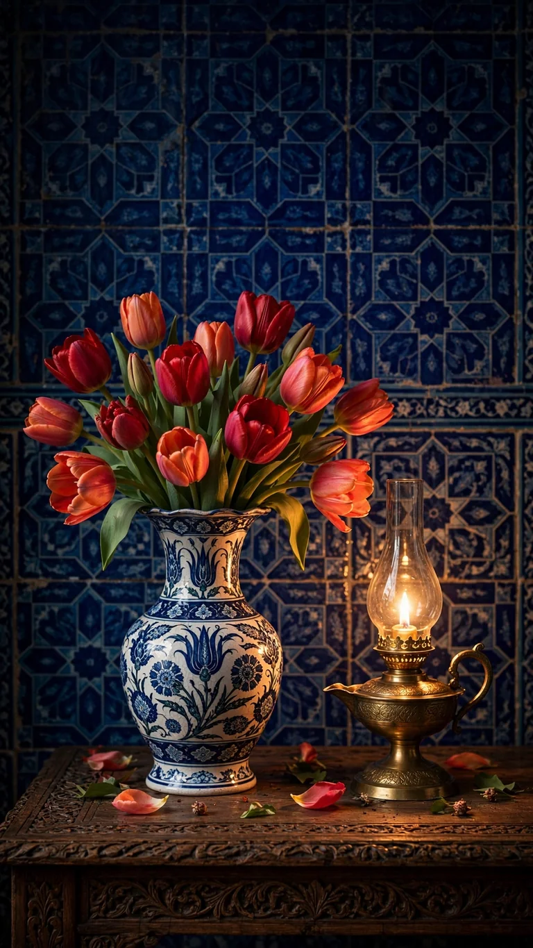 Blue and white ceramic vase with tulips and brass oil lamp before cobalt tiles, vertical Islamic wallpaper