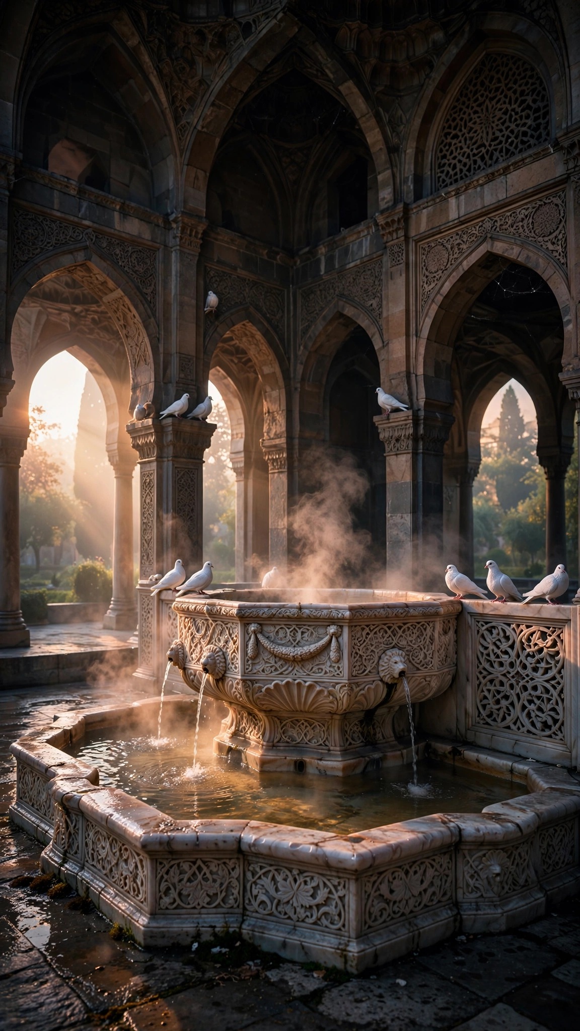 Marble ablution fountain at dawn with white doves and arched stone courtyard, vertical Islamic wallpaper