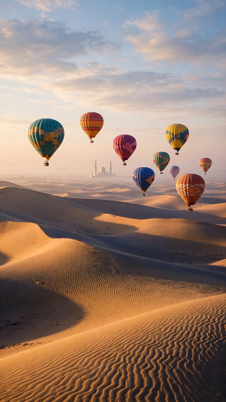 Hot air balloons over desert dunes at dawn with a distant mosque silhouette, vertical Islamic wallpaper