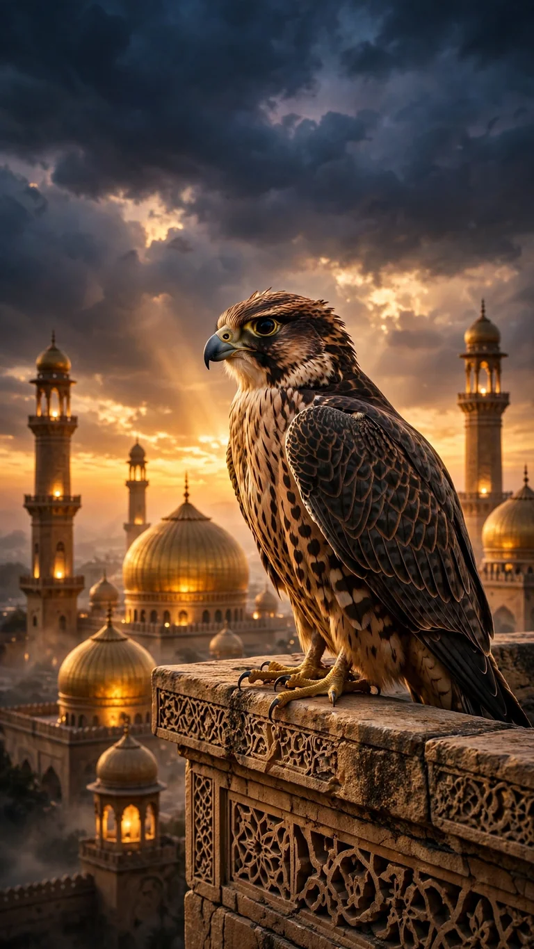 Falcon perched on a carved stone parapet before golden mosque domes and minarets at sunset, vertical Islamic wallpaper