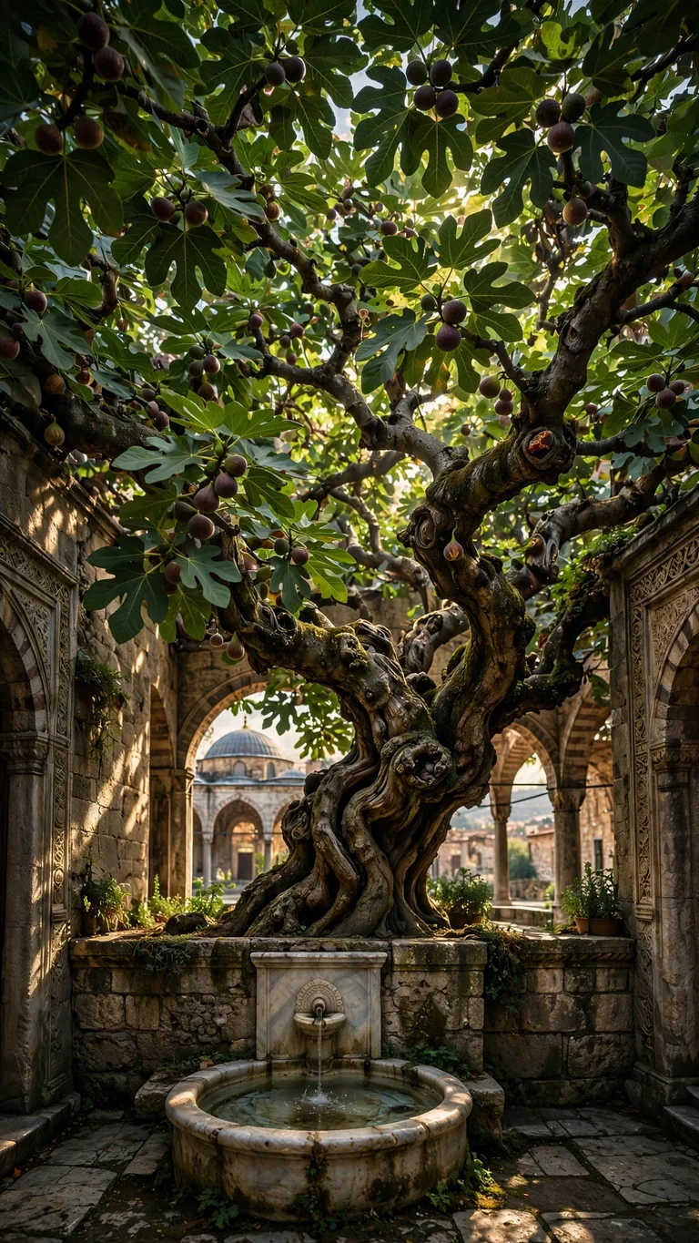 Ancient fig tree in a walled stone courtyard with a mosque dome beyond the arches, vertical Islamic wallpaper