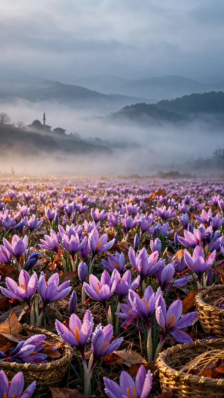 Purple saffron crocus field at dawn with harvest baskets and a mosque silhouette, vertical Islamic wallpaper
