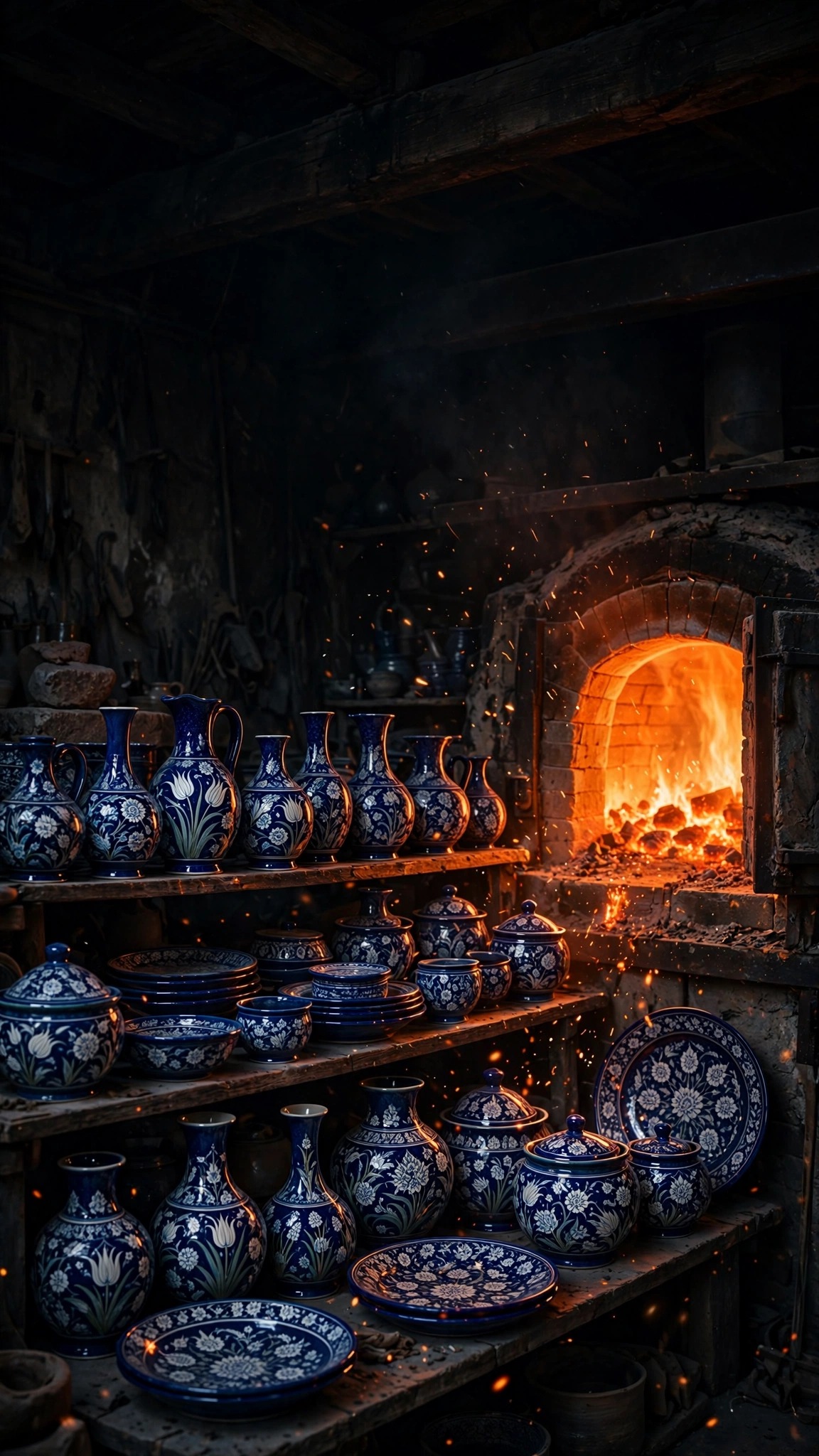 Cobalt blue glazed pottery glowing beside a fiery kiln, vertical Islamic wallpaper