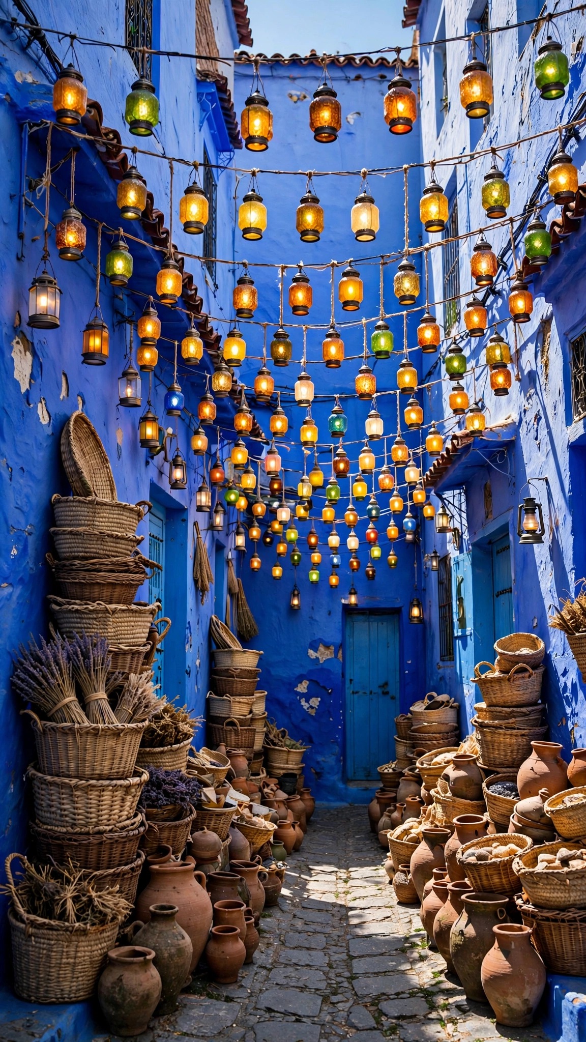 Blue-washed old-town alley with hanging lanterns and baskets, vertical Islamic wallpaper