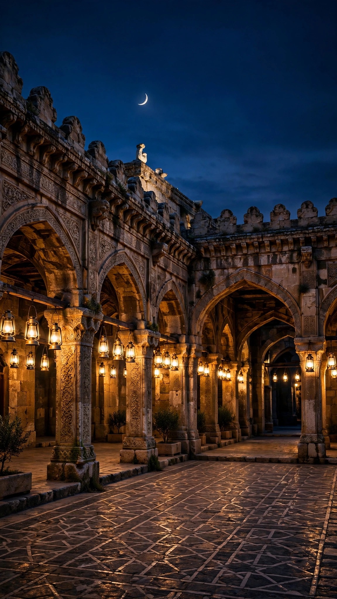 Ancient stone caravanserai courtyard with hanging lanterns under a crescent moon, vertical Islamic wallpaper