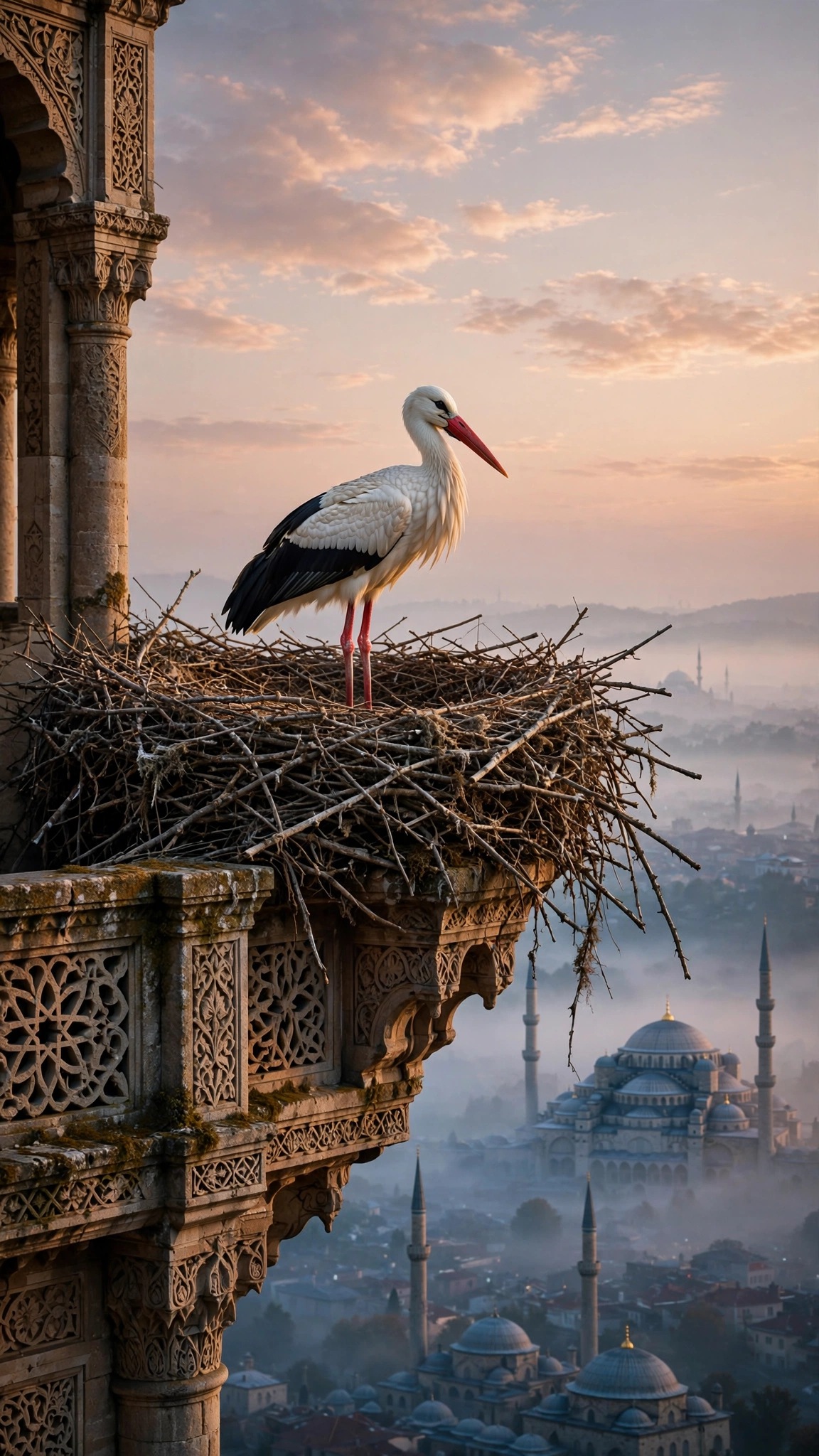 White stork nesting on a carved minaret balcony at dawn, vertical Islamic wallpaper