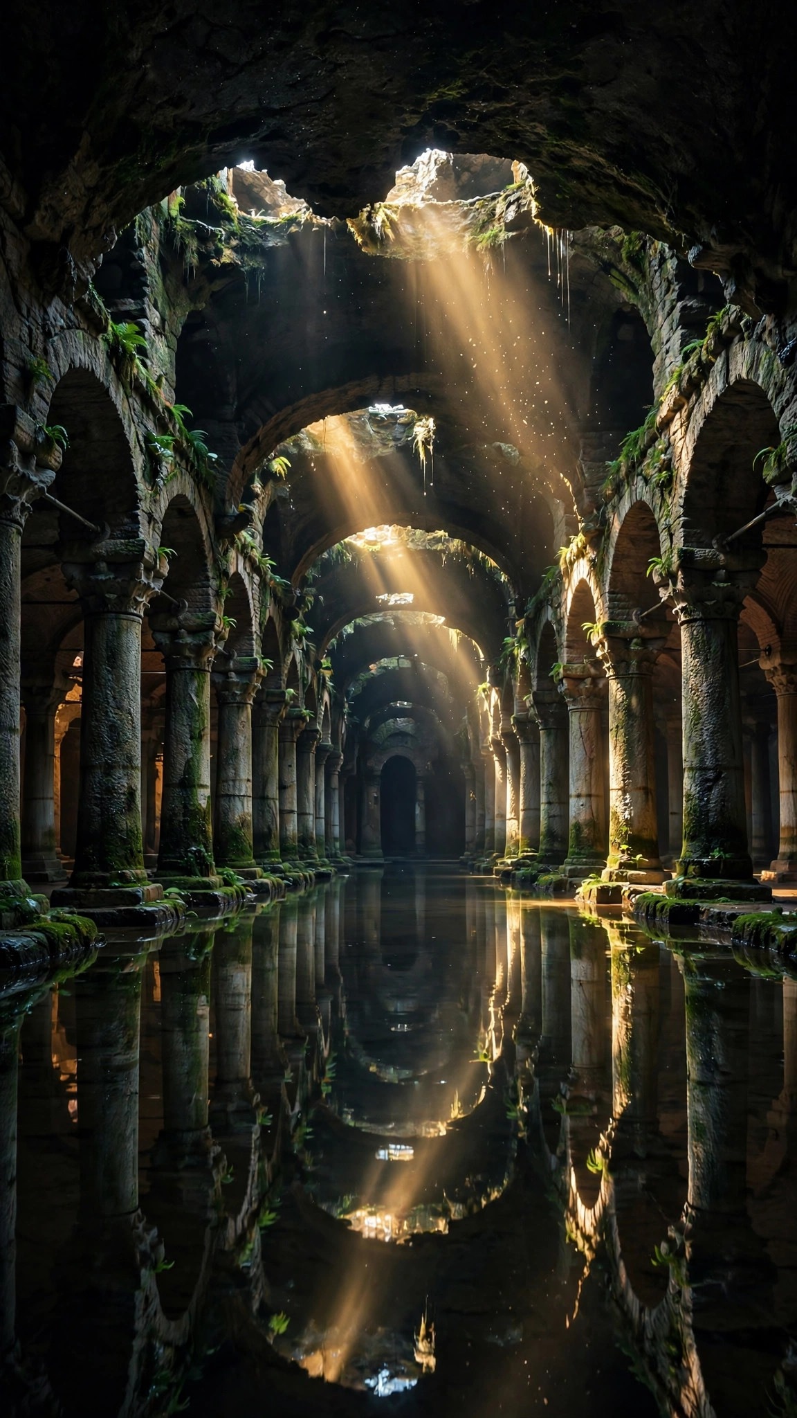 Ancient underground cistern with stone arches and golden light shafts, vertical Islamic wallpaper