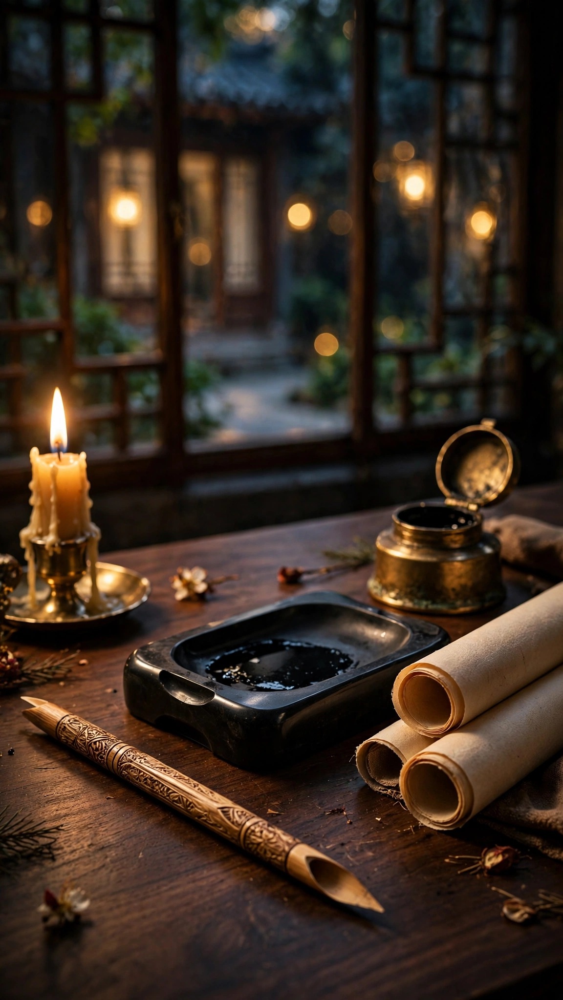 Calligrapher desk still life with reed pen and inkstone in candlelight, vertical Islamic wallpaper