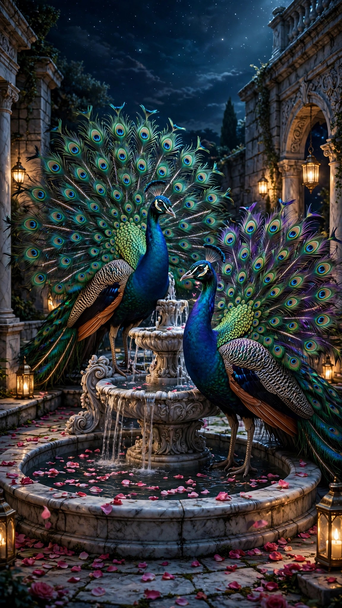 Midnight Peacocks by a Rose Petal Fountain - free HD phone wallpaper