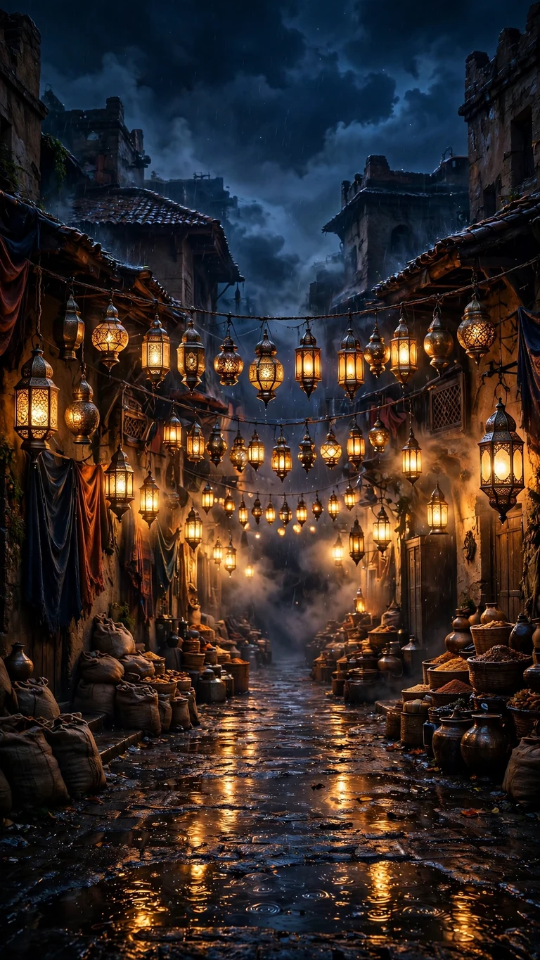 Rainy Night Souk Street of Copper Lanterns - free HD phone wallpaper