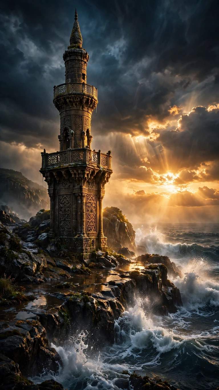 Seaside Cliff Minaret in a Storm Sunset - free HD phone wallpaper