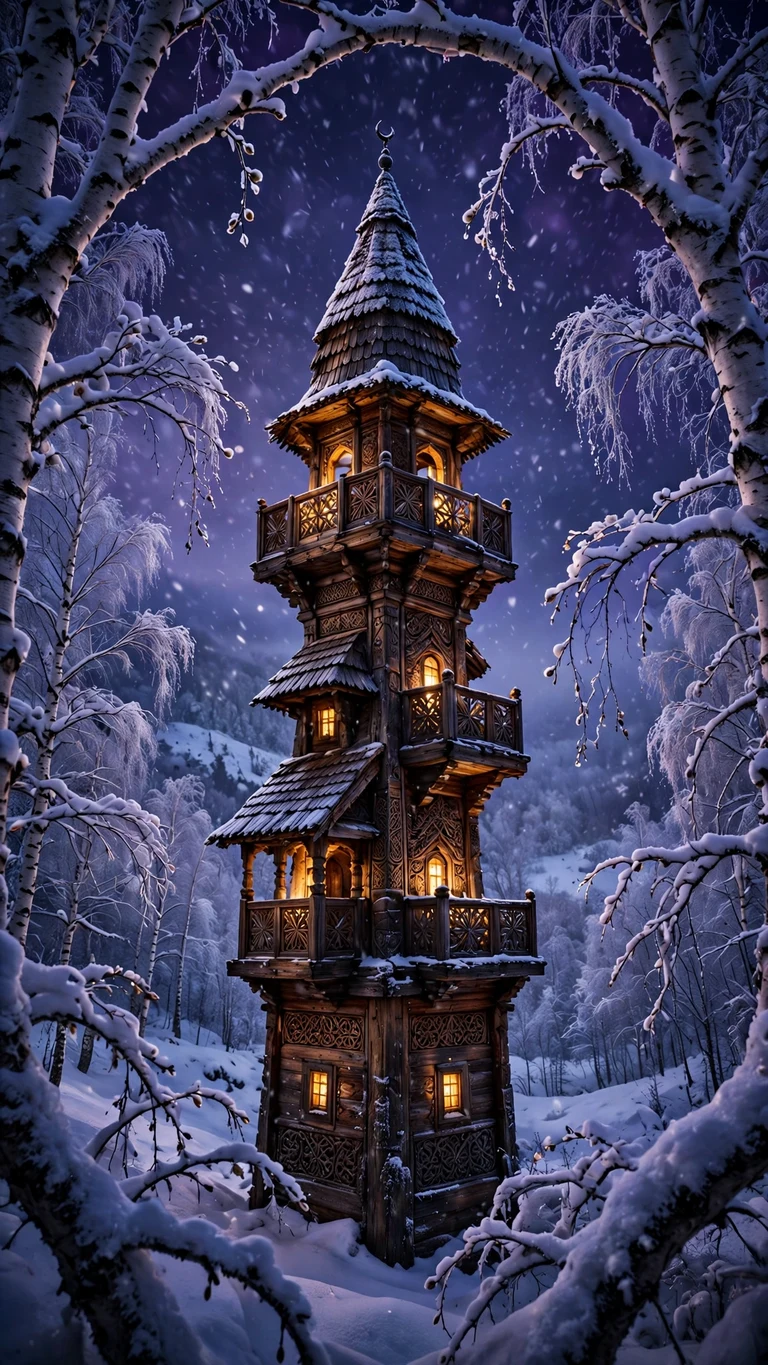 Snowy Birch Valley Wooden Minaret - free HD phone wallpaper
