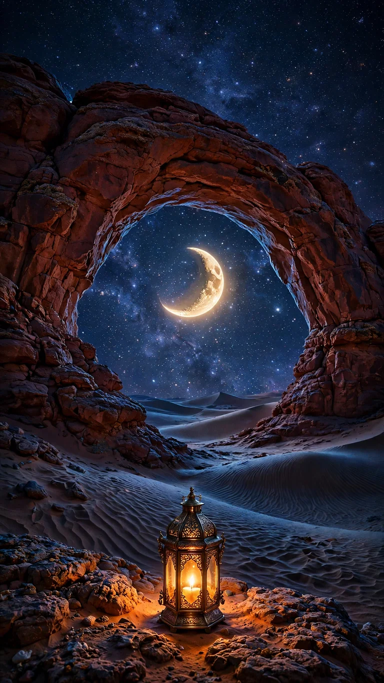 Crescent Over the Sandstone Arch wallpaper with a crescent moon framed by a desert sandstone arch and a glowing lantern.