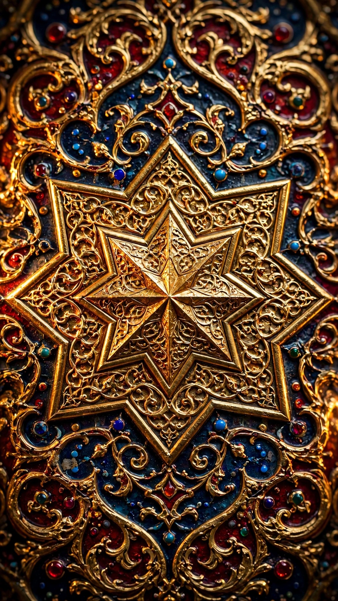 Gold-Leaf Manuscript Illumination wallpaper, an extreme macro of gold arabesque ornament on lapis blue and crimson.