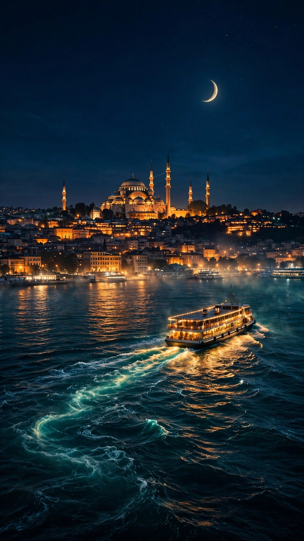 Night Ferry Over the Golden Horn wallpaper with a lit ferry and illuminated mosque skyline under a crescent moon.