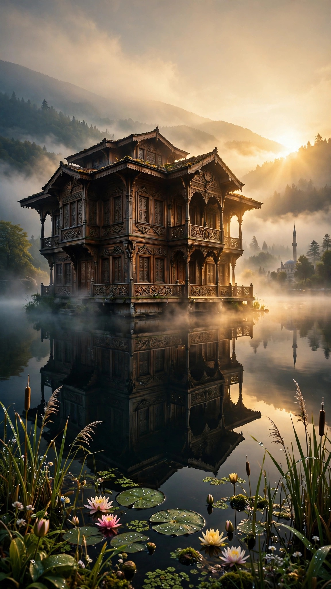 Misty Lake Yali at Dawn wallpaper with an Ottoman wooden mansion reflected on a misty mountain lake at sunrise.