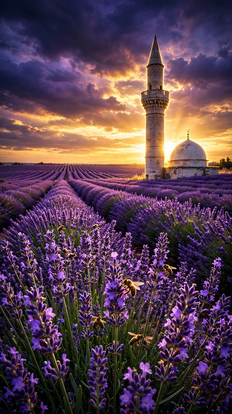 Lavender Field Minaret at Sunset wallpaper with a stone minaret above purple lavender rows under a golden sunset sky.
