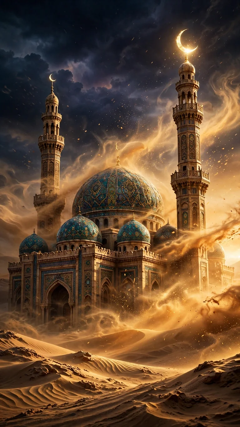 Golden Sandstorm Over the Desert Mosque wallpaper showing a desert mosque veiled by swirling golden dust under a dark sky.