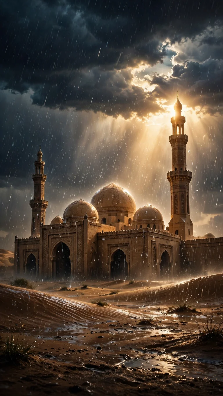 Rain Veil Over the Desert Mosque wallpaper with rain falling over a desert mosque under breaking storm clouds.