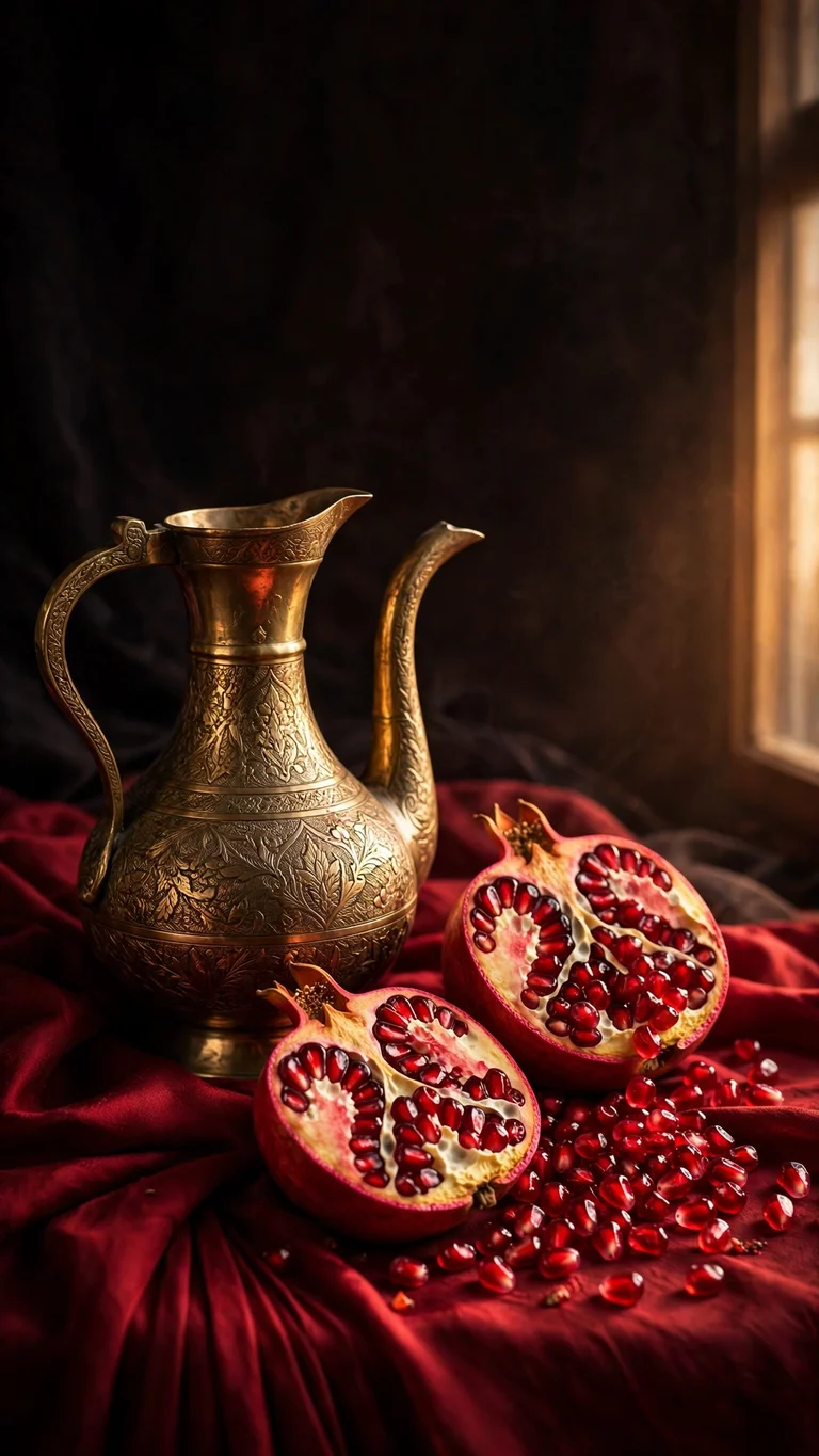 Brass Ewer and Pomegranates on Silk - free Islamic wallpaper for phone
